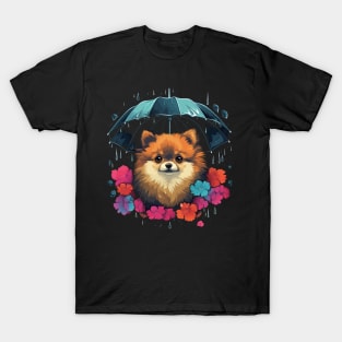 Pomeranian Rainy Day With Umbrella T-Shirt